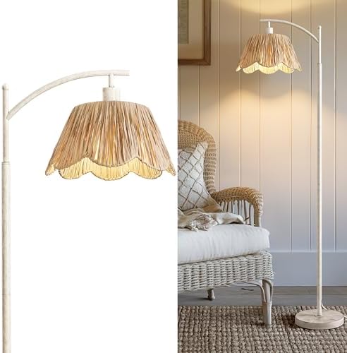 Oneach Farmhouse Floor Lamps for Living Room, Boho Floor Lamp for Bedroom with Foot Switch, Rattan Floor Lamp for Reading with Hand-Woven Shade, Antique White Metal Base & Pole by Oneach