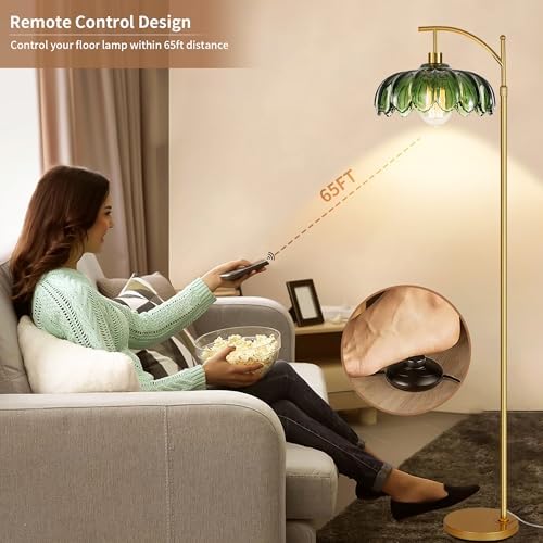 ZECOXOL Gold Floor Lamps for Living Room Vintage Green Floor Lamp with Remote Control & Glass Lampshape,Dimmable Mid Century Modern Standing Lamp Tall Flower Lamp Brass Floor lamp for Bedroom Corner - Image 4
