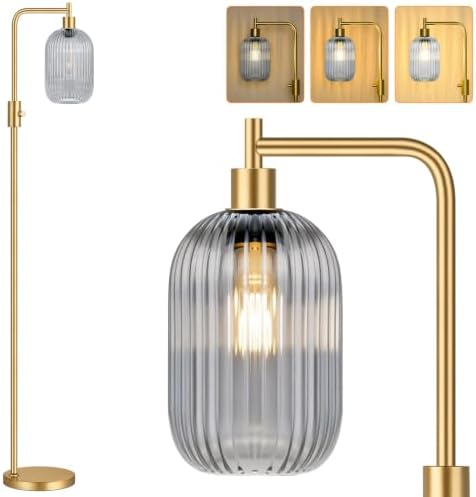 【Upgraded】 Dimmable Floor Lamp for Living Room with Gray Ribbed Glass Lampshade, Gold Modern Floor Lamp with 900LM LED Bulb Included, Arc Standing Tall Lamp for Bedroom, Office, Reading Room, Corner by Yemela