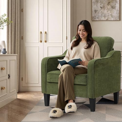 Accent Chair for Living Room, Mid Century Modern Reading Chair for Bedroom, Upholstered Armchair with Side Pockets, Comfy Single Sofa Side Chair for Office, Apartment, Small Room, Olive Green - Image 3