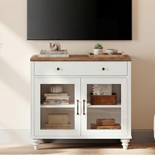 WAMPAT Buffet Cabinet with Glass Doors, Kitchen Storage Cabinets, White - Image 5