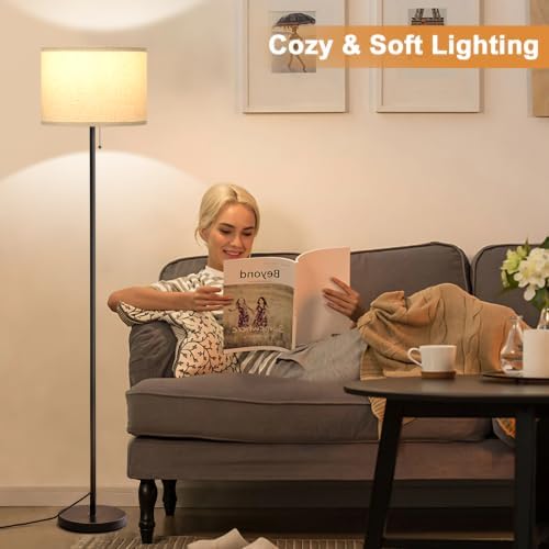 Ambimall Modern Standing Floor Lamp for Living Room & Bedroom with 3 Color Temperatures Bulb & Pull Chain Switch, 60" Tall with Beige Shade & Black Pole - Image 4