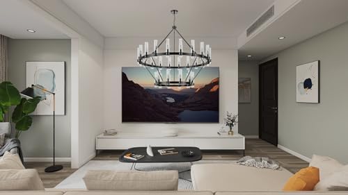 60 Inch Black Wagon Wheel Chandelier 2 Tier with Glass Shade, 30 Lights, Modern Farmhouse Style, Ideal for Dining Room, Kitchen, Entryways - Image 2