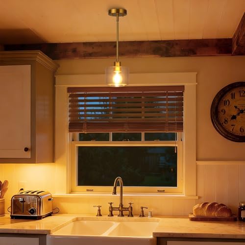 Brushed Gold Pendant Lights Kitchen Island 2 Pack, Modern Clear Glass Hanging Light Fixtures with Rods, Mini Kitchen Pendant Lighting Over Island for Sink Bathroom, OS-YQ8153-2PBGC - Image 6