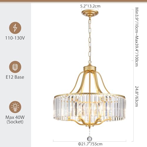 6-Light Crystal Gold Chandeliers for Dining Room 22 Inch Modern Farmhouse Chandelier Large Pendant Lighting Fixture Round Hanging Lamp for Living Room Kitchen Island Hallway Bedroom Foyer Hall - Image 4