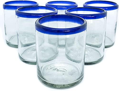 Cobalt Blue Rim 10 oz Tumblers (set of 6), Recycled Glass, Lead-free, Toxin-Free (Tumbler) by MexHandcraft