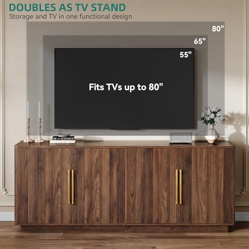 YITAHOME 70" TV Stand for up to 80" TVs with 4 Fluted Doors, Natural Oak - Image 5