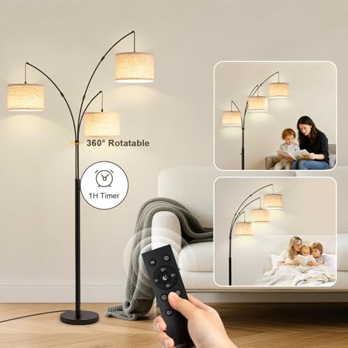 Netin Arc Floor Lamp with Remote, 3 Light Floor Lamp for Living Room Bright Lighting, 3 Color Temperature, Dimmable Tall Standing Lamp, Mid Century Tree Floor Lamp for Bedroom Office - Image 5