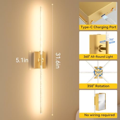 Battery Operated Wall Sconces Set of 2, Remote, 10000mAh, Gold, Bubble - Image 5