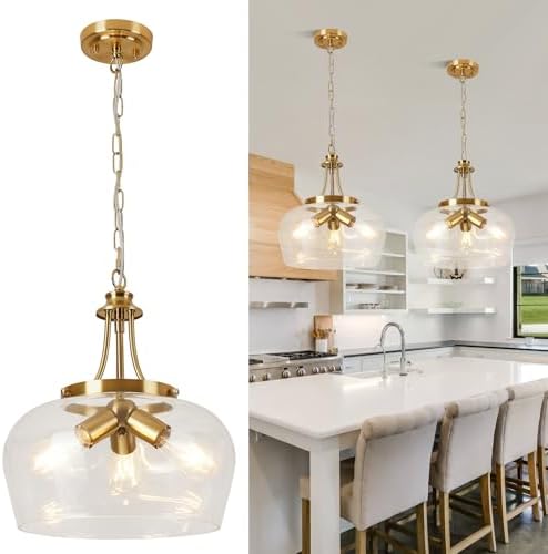 Modern Pendant Lights Kitchen Island, 3-Light Brushed Gold Pendant Light Fixtures with 14.2" Clear Glass Shade, Industrial Hanging Pendant Lights Fixture for Kitchen Island Dining Room Entryway Foyer by BringBrightnesstoYourLife