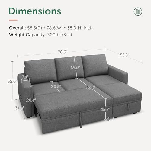 HONBAY Modular Sectional Sleeper Sofa with Pull Out Bed, L Shaped Couch with Storage Seat, Modular Sectional Couches for Living Room - Dark Grey - Image 2