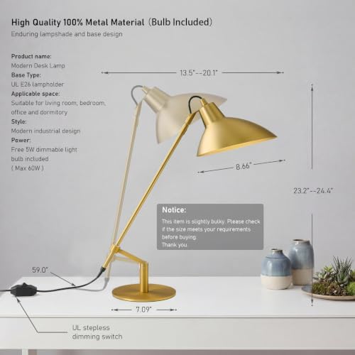 Desk Lamp Modern Industrial 100% Metal Adjustable Table Lamp 24", Natural Light (4000K) with Dimmer, Ideal for Office Bedroom Study Room Living Room Nightstand Bedside Lamps Brass - Image 2