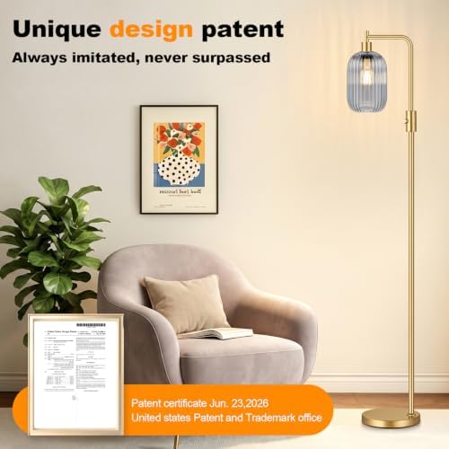 【Upgraded】 Dimmable Floor Lamp for Living Room with Gray Ribbed Glass Lampshade, Gold Modern Floor Lamp with 900LM LED Bulb Included, Arc Standing Tall Lamp for Bedroom, Office, Reading Room, Corner - Image 5