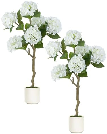 BLOSMON White Hydrangea Fake Tree for Outdoor Porch Decor, 2 Pcs, 39 Inch by Blosmon