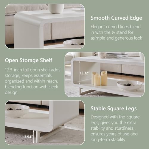 IFGET 48" Modern Coffee Table, 2-Tier Minimalist Curved Center Table, White - Image 6