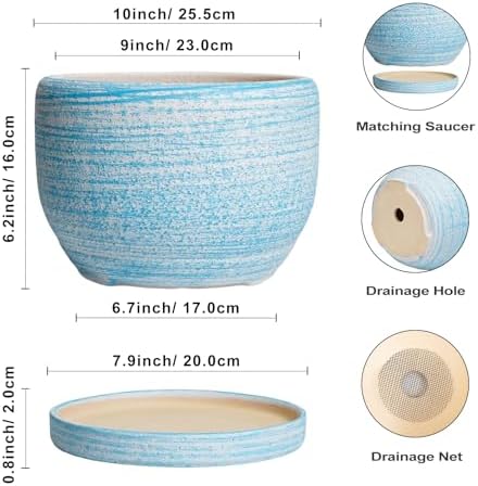 SQOWL Ceramic Plant Pots - 10 Inch Ceramic Flower Pots with Drainage Hole and Saucer, Round Large Planter for Indoor Outdoor, Decorative Modern Planter, Kitchen Decor, House Warming Gifts, Blue - Image 3