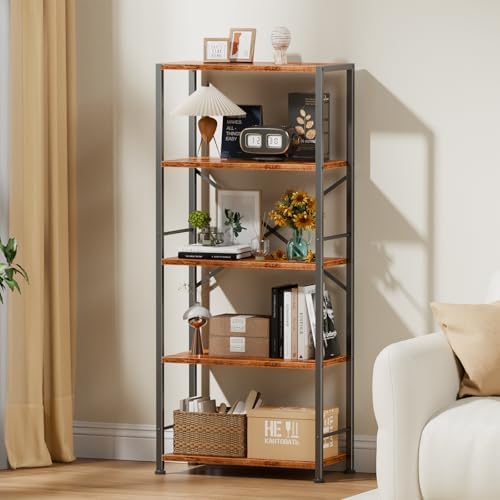 Furologee 5 Tier Book Shelf Set of 2, Tall Wide Bookshelf, Rustic Brown - Image 5
