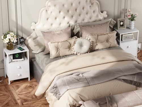 Furologee Nightstands Set of 2, End Tables Set of 2 with Charging Station and LED Lights, White Night Stands with 2 Fabric Drawers, Bedside Tables for Living Room/Bedroom - Image 7