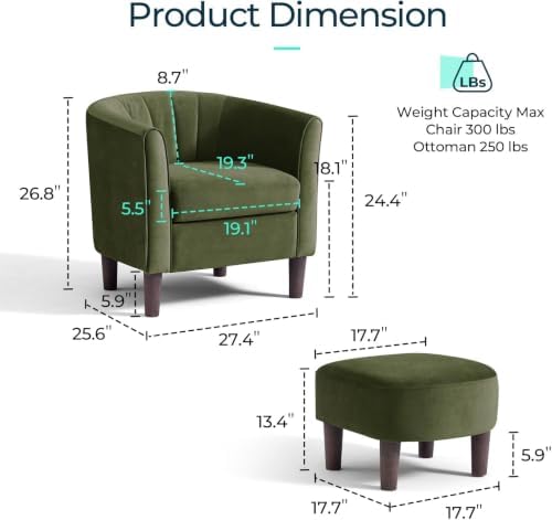 LINSY Accent Chair with Ottoman, Modern Barrel Chair Small Armchair Reading Chair with Footrest, Comfy Round Arms Chair for Living Room Bedroom Reading Room, Velvet, Dark Green - Image 2