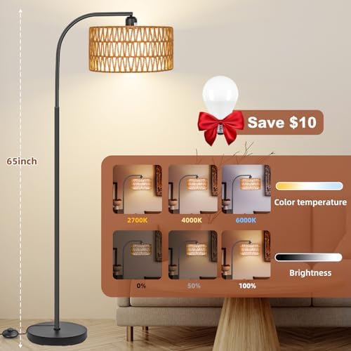 Rattan Floor Lamps for Living Room with Dimmable 9W LED Bulb Farmhouse - Image 3