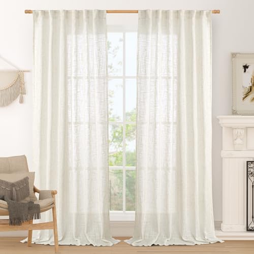 LAMIT White Semi Sheer Linen Curtains 92 Inch, Light Filtering Panels by LAMIT