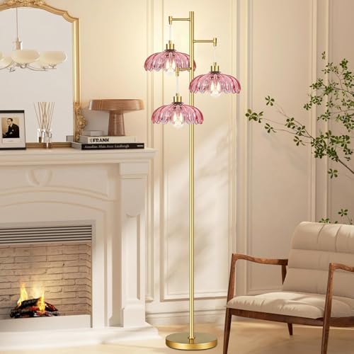QIYIZM Pink Floor Lamp for Living Room,Bedroom,Gold Mid Century Modern Standing Lamp Brass Tree 3 Light Tall Floor Lamps Vintage Retro Floor Lights Glass Flower Lamp Shade Farmhouse Boho Bohemian - Image 3