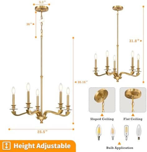 Gold Chandeliers for Dining Room, 25.5 Inch Vintage Gold Chandelier Light Fixture over Table, Farmhouse Candle Chandeliers, 5-Light Brass Chandeliers for Kitchen, Bedroom, Living Room (E12 Base) - Image 4