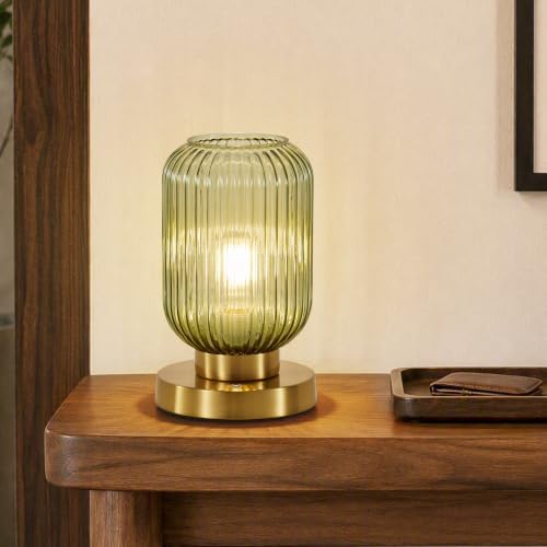 6" MCM Cordless Rechargeable Green Glass Table Lamp, Touch Dimmable by HONIEGG