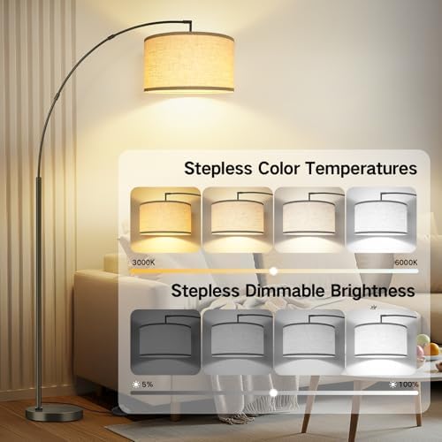 OUTON 81" Arc Floor Lamp, 12W 1080LM LED Dimmable Floor Lamp with 16" Beige Lampshade, Remote Control & Foot Switch, 4 Colour Temperatures, Tall Standing Lamp for Living Room Bedroom Office, Black - Image 3