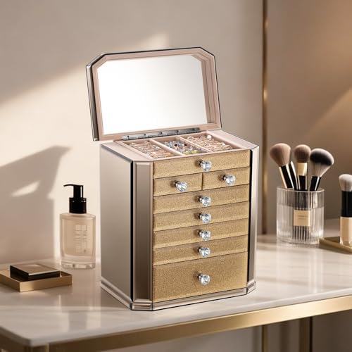 High End Glass Jewelry Box for Women, 7 Layer, Gold - Image 2
