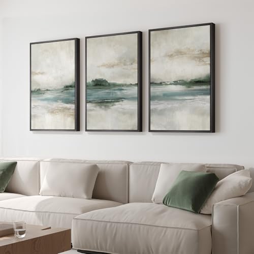 Large Framed Blue Green Abstract Landscape Wall Art, 3 Piece Set, 20x30 In - Image 2