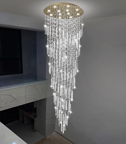98'' Modern Crystal Chandelier High Ceiling Chandeliers for Entryway Large Raindrop Chandeliers LED Dimmable Flush Mount Light Fixtures for Staircaes Foyer Hallway Living Room LED Bulbs Included Gold - Image 6