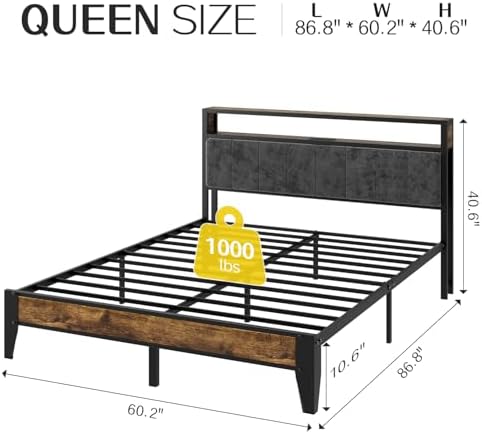 OLEVS Queen Size Bed Frame with Charging Station & LED Light, 2-Tier Storage Headboard & Footboard, Noise-Free Metal Platform Bed No Box Spring Needed, Easy Assembly - Image 2