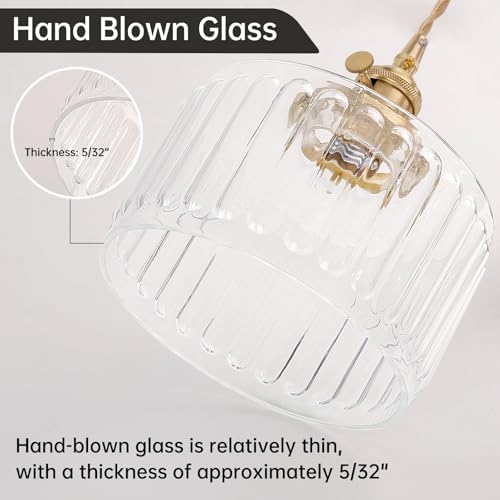 Shenmoyl Plug in Pendant Light Hanging Light Fixture Corded On/Off Switch Brass Pendant Light with Clear Striped Glass Lampshade for Bedroom Living Room Kitchen Island - Image 4