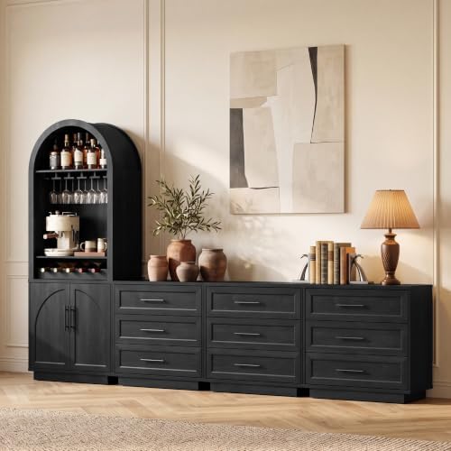 Fatmok Modular Arched Coffee Bar with LED Lighting,Charging Station,Wooden Nightstand with 3 Drawers Set of 3,Modern Liquor&Wine Display Storage Cabinet for Living Room,Black Grey(FEEE,4-Piece) by Fatmok