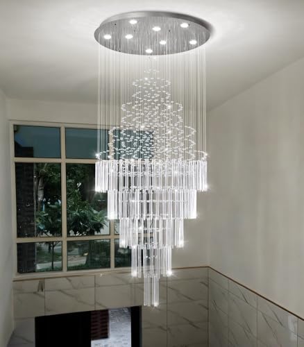 HAIXIANG W24 x H78 Crystal Glam Chandelier Long Light Chandeliers with Dimmable Light Bulbs High Ceiling Light Fixtures for Foyer Entryway Living Room Stair Silver - Image 3
