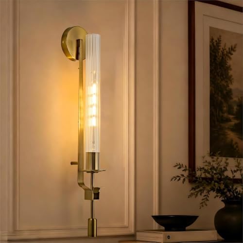 LIGHTLAND Gold Wall Sconce, 28 Inch Modern Metal Glass Wall Light Fixture, Wall Lamp for Living Room Bedroom Hallway (Pack of 1) by LIGHTLAND