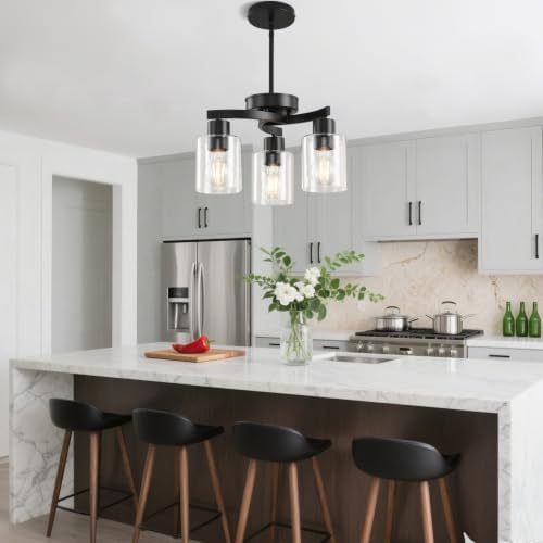 3 Light Black Dining Room Chandelier, Modern Industrial Pendant Light for Kitchen Island, Adjustable Height Hanging Ceiling Light Fixture with Clear Glass Shades,E26 Base,Dimmable - Image 2