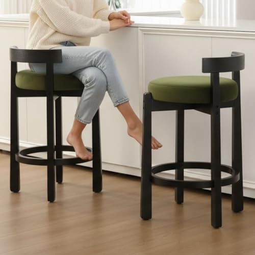 LukeAlon Mid Century Velvet Counter Stools Set of 2, Upholstered 26.5” Seat Height Low Barstools with Black Wood Legs Retro Round Kitchen Stools with Footrest for Dining Room Bar Coffee Shop, Green by LukeAlon