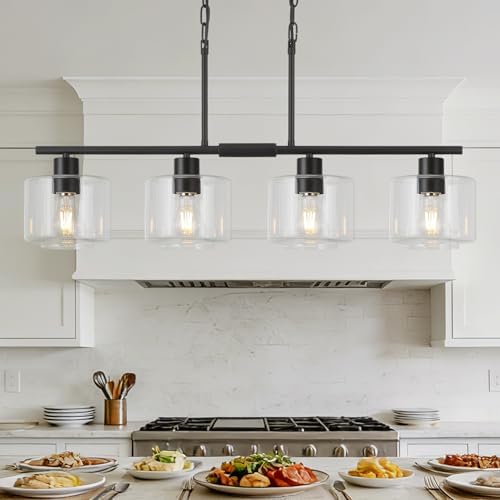 4-Light Kitchen Island Lighting, Modern Black Linear Dining Room Chandelier Light Fixtures with Clear Glass and Chain, Farmhouse Hanging Lights for Kitchen Island Dining Room, OS-YQ8153-4ISBKC by Osimir