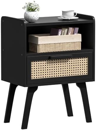 Lerliuo Rattan Nightstand, Bedside Table with Drawer Open Shelf by Lerliuo