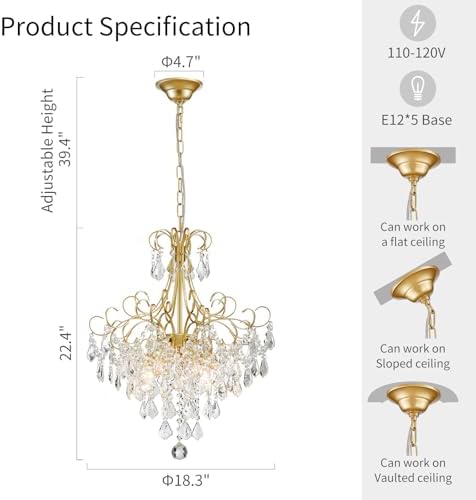 WUZUPS Crystal Chandelier 5-Light Pendant Ceiling Light Modern Lighting Fixture for Dining Room Hallway Bedroom Kitchen Bathroom, H 22.4" x W 18.3", E12 Base, Gold - Image 2