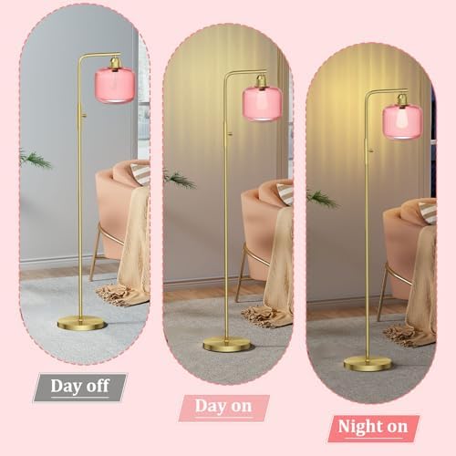 66" Dimmable Gold Standing Lamp with Pink Ribbed Glass for Living Room - Image 2