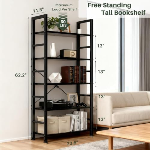5 Tier Bookshelf, Free Standing Black Bookcase with Open Storage Shelves - Image 3