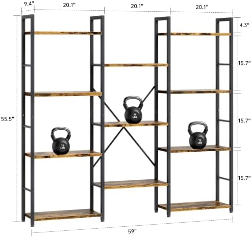 Shintenchi Triple Column 4 Tier Bookshelf, Industrial Large Bookcase Display Shelves, Large Etagere Bookshelf,Wide Book Shelf Book Case for Home & Office, Rustic Brown - Image 3