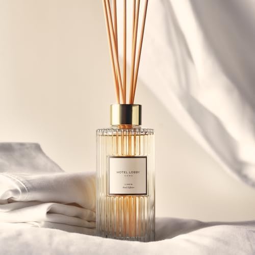 Hotel Lobby Candle Linen Reed Diffuser – Long Lasting – Pink Pepper, Linen, Sandalwood, Iris & Vetiver – Refillable Glass Vessel – 9 Diffuser Reeds – Made in USA – 5.0 fl oz (150ml), 10 ¾” H - Image 2