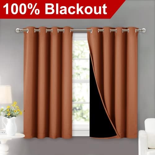 NICETOWN Burnt Orange 100% Blackout Curtains 45 inches Long, 2 Thick Layers Completely Blackout Window Treatment Thermal Insulated Lined Drapes for Small Window (1 Pair, 52 inches Width Each Panel) - Image 2
