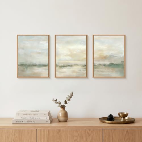 LHIUEM Abstract Green Gray Pastel Framed Canvas Wall Art,Neutral Landscape Wall Decor,Modern Watercolor Lake Artwork,Beige Textured Illustrations Art for Living Room,Bedroom,Office- 12"x16"x3 - Image 4