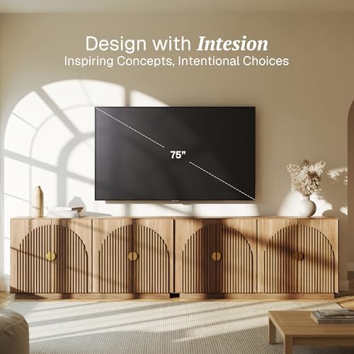 BELLEZE 65 Inch Fluted Buffet Cabinet with Storage, Symmetrical Arc Accent Sideboard Large Console Table for Dining Room, Kitchen, and Living Room (Caramel Brown) - Image 3