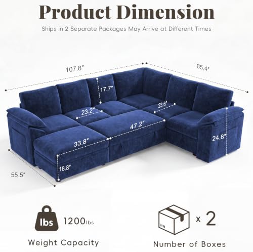 108 In L Shaped Modular Sectional Sofa Couch for Living Room, Blue - Image 3